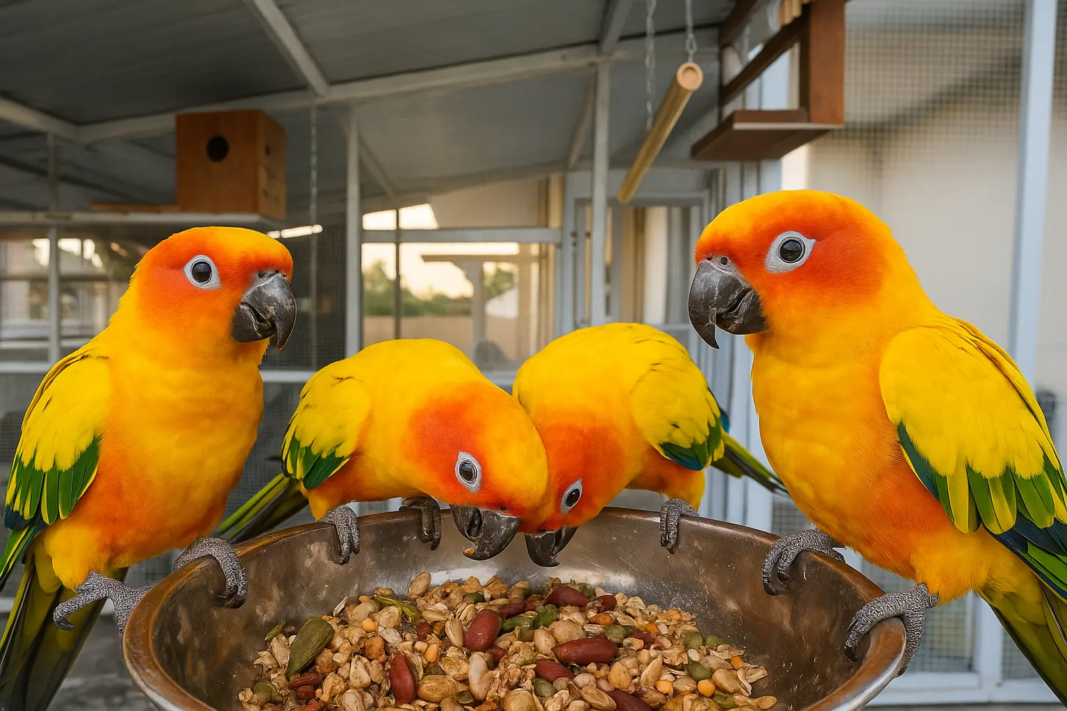 Sun Conure enjoying fresh food in its cage at home Sun Conure parrot eating a healthy seed mix from a stainless steel bowl inside a clean bird cage
