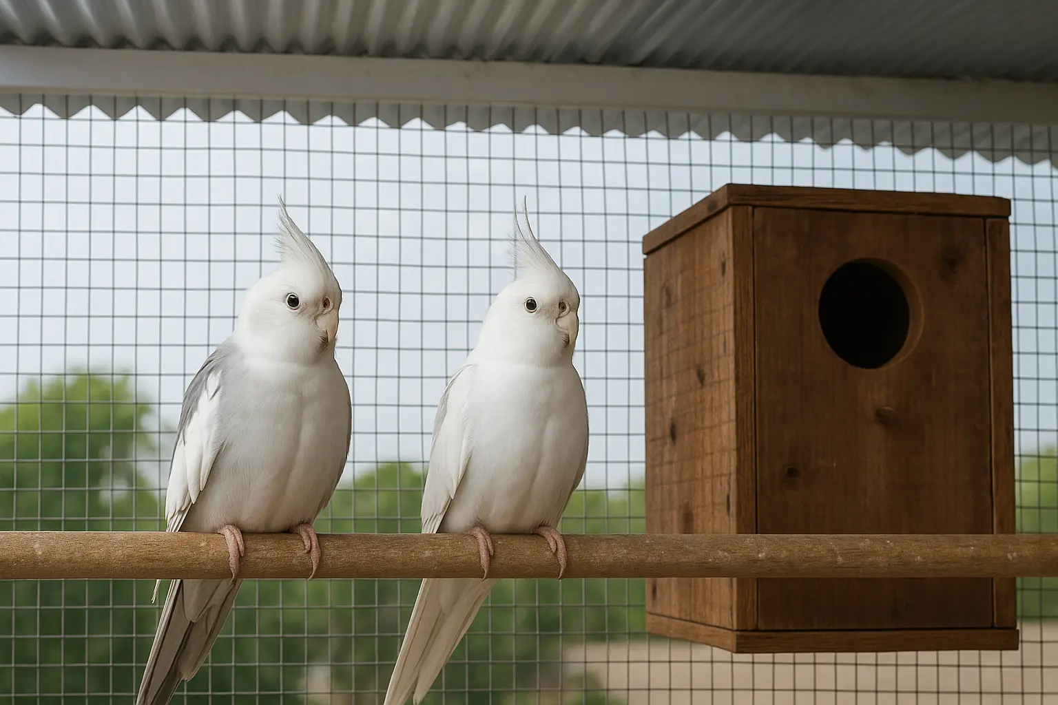 Cockatiel parrot eating from food bowl in aviary Cockatiel parrot eating from food bowl in aviary