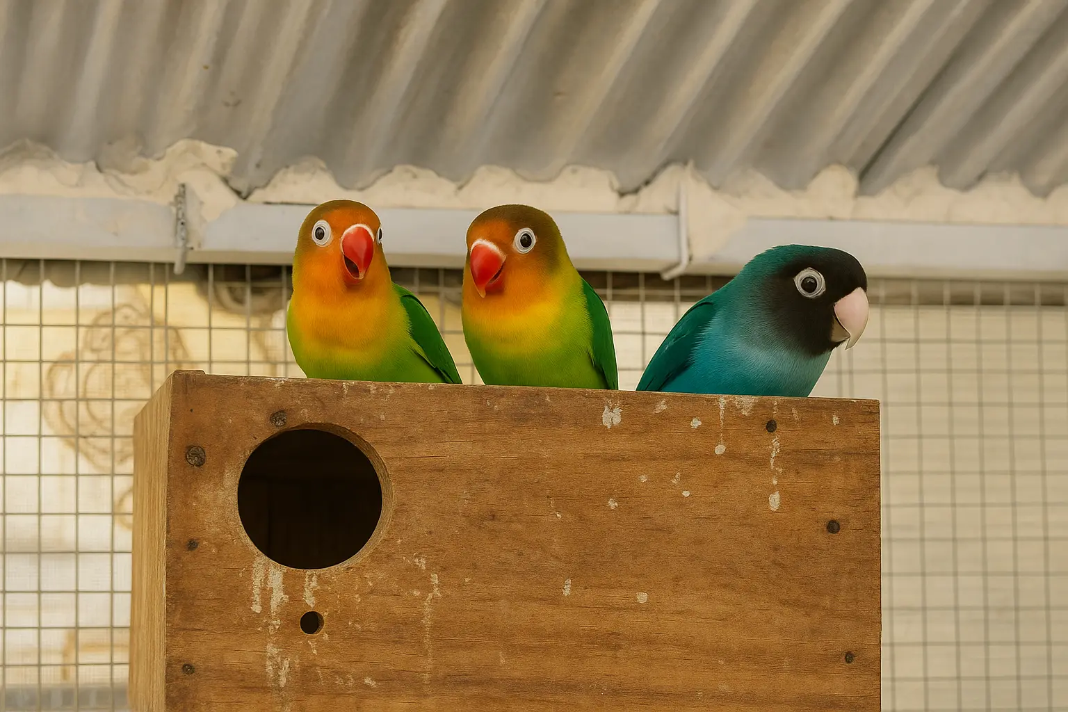 Lovebirds sitting on wooden nest boxes