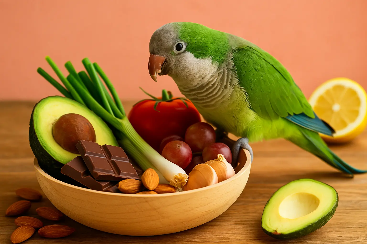 Toxic foods for parrots you should avoid Toxic foods for parrots with a parrot looking at a bowl of dangerous foods