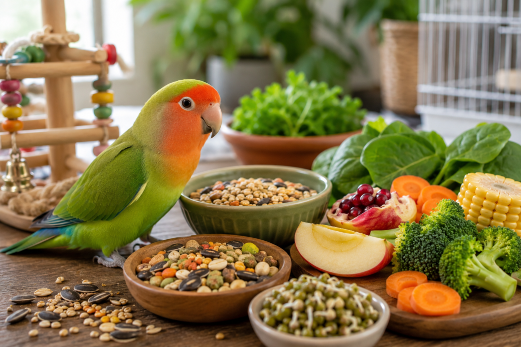 Lovebird Food & Care Guide – Diet Chart, Cage Setup, and Health Tips